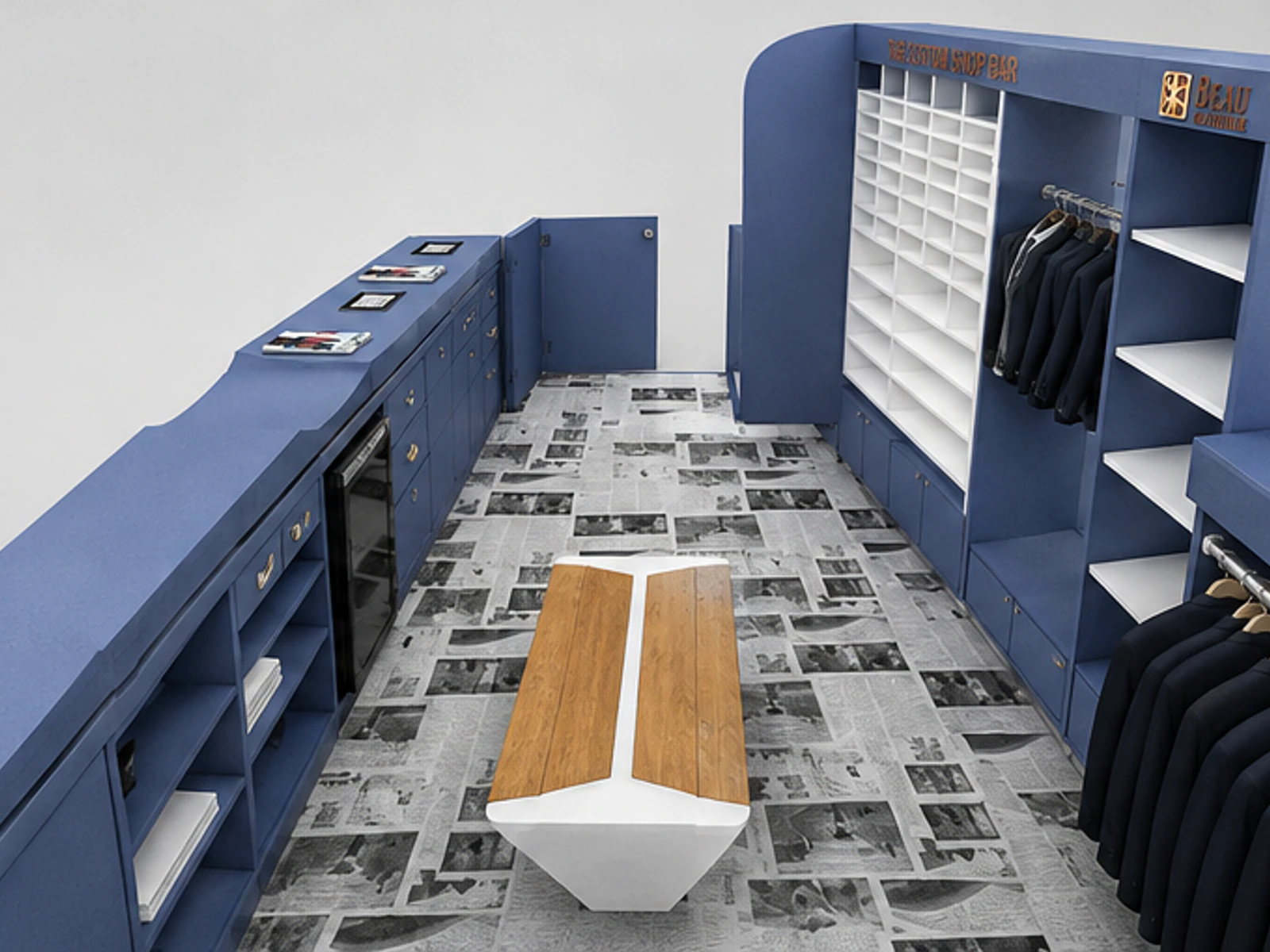 Clothing display racks in the mall | custom clothes retail kiosk for sale staff storage and checkout detail