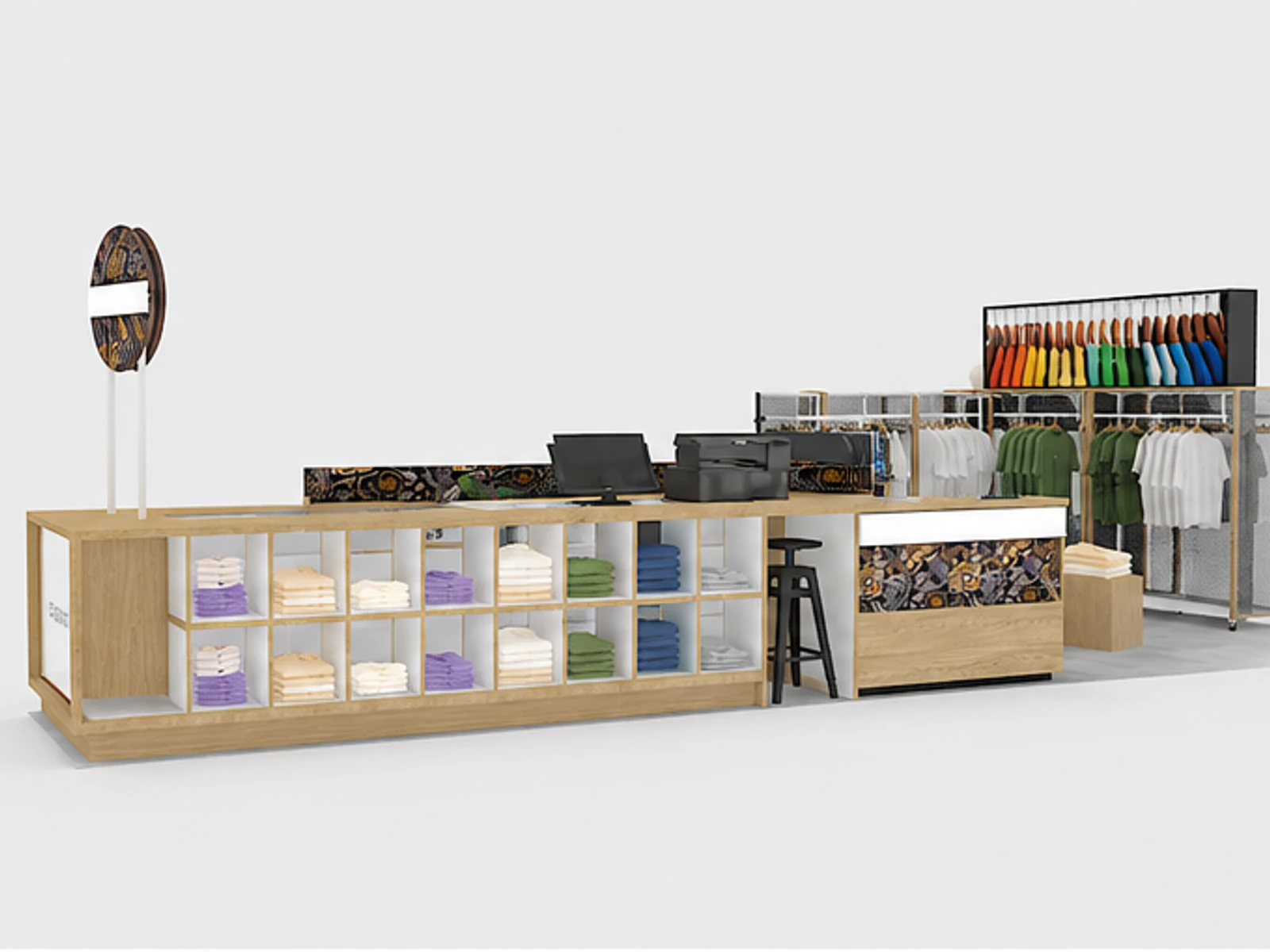 Clothing Display Showcase Mall Inside Clothing T-shirt Kiosk Wooden Clothes Counter main mall-facing view