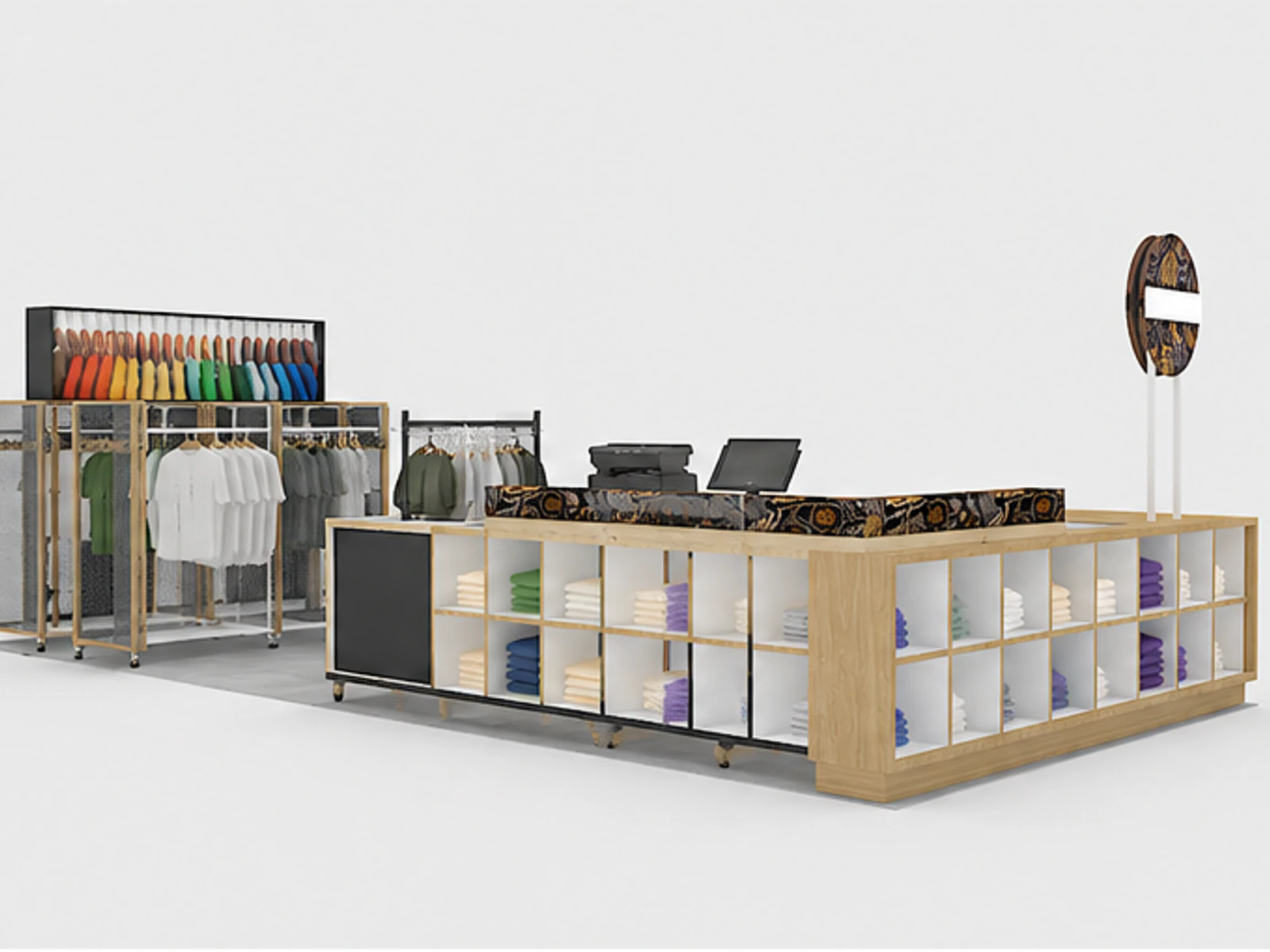 Clothing Display Showcase Mall Inside Clothing T-shirt Kiosk Wooden Clothes Counter angled clothing display view