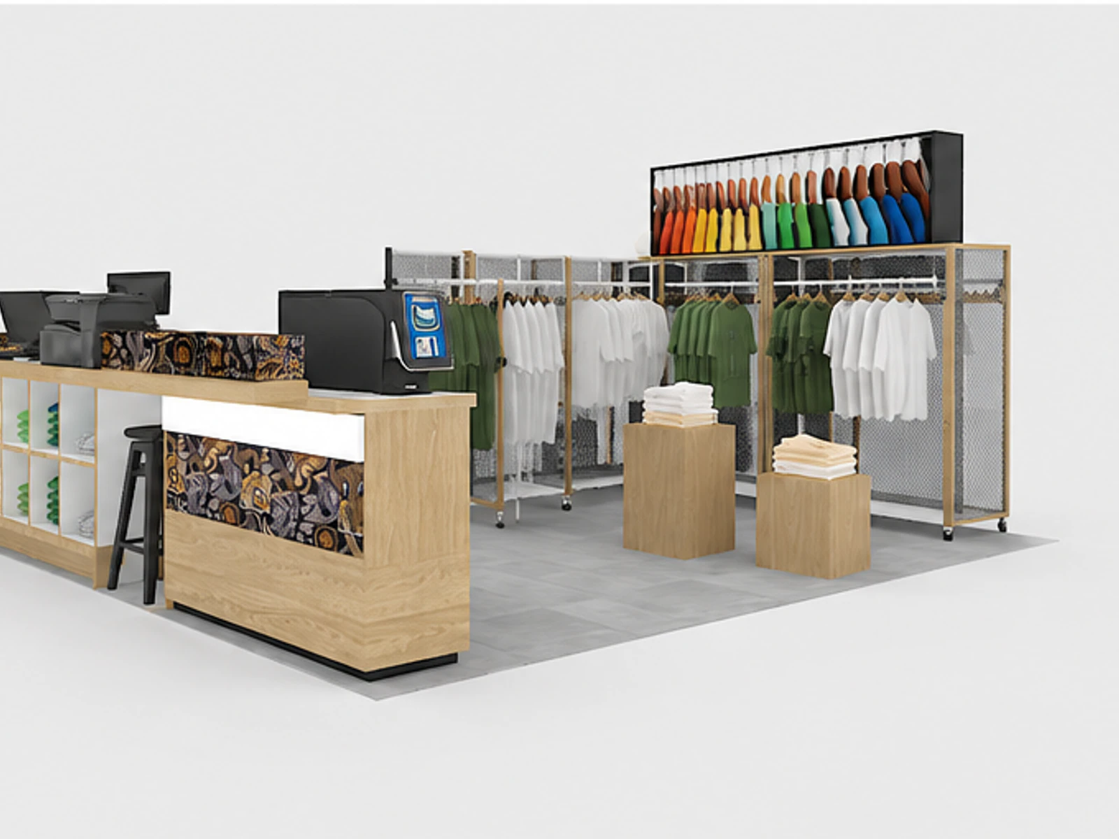 Clothing Display Showcase Mall Inside Clothing T-shirt Kiosk Wooden Clothes Counter garment rails and shelving view