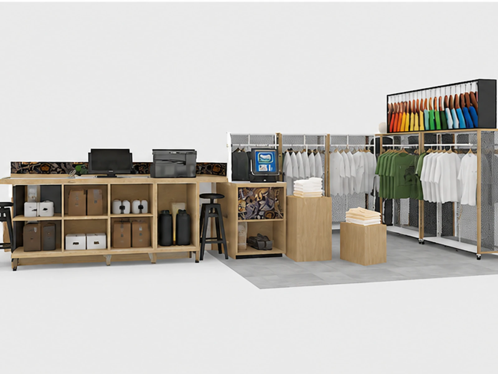 Clothing Display Showcase Mall Inside Clothing T-shirt Kiosk Wooden Clothes Counter staff storage and checkout detail