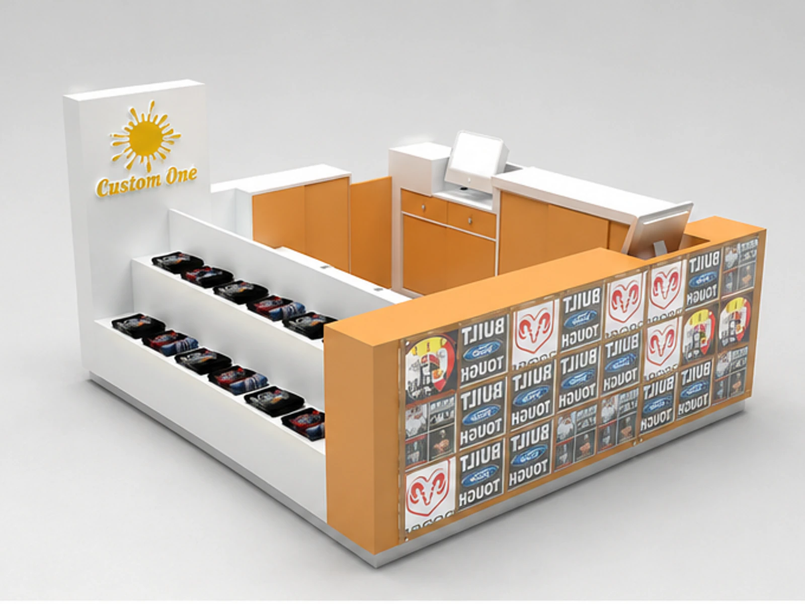 Clothing Kiosk & T-shirt Display Stand for Hat Display Showcase in Retail Store for Sale angled clothing display view