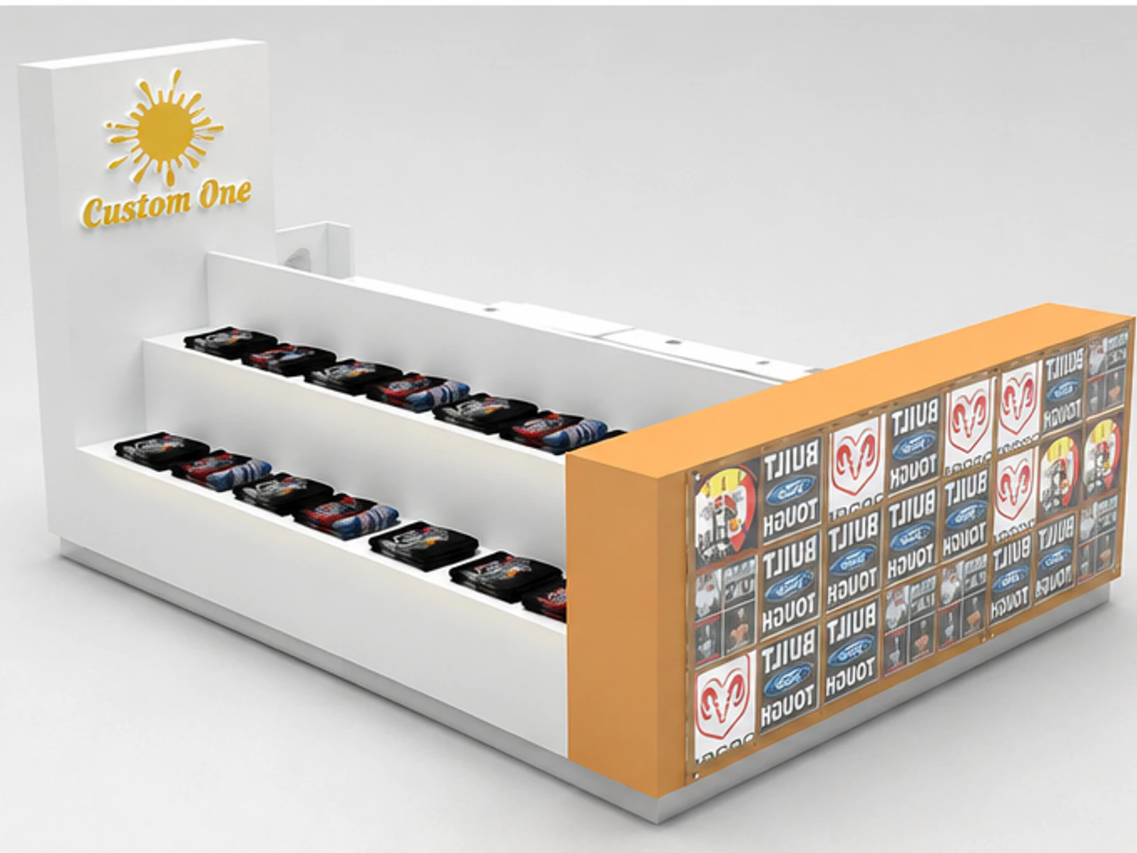 Clothing Kiosk & T-shirt Display Stand for Hat Display Showcase in Retail Store for Sale garment rails and shelving view