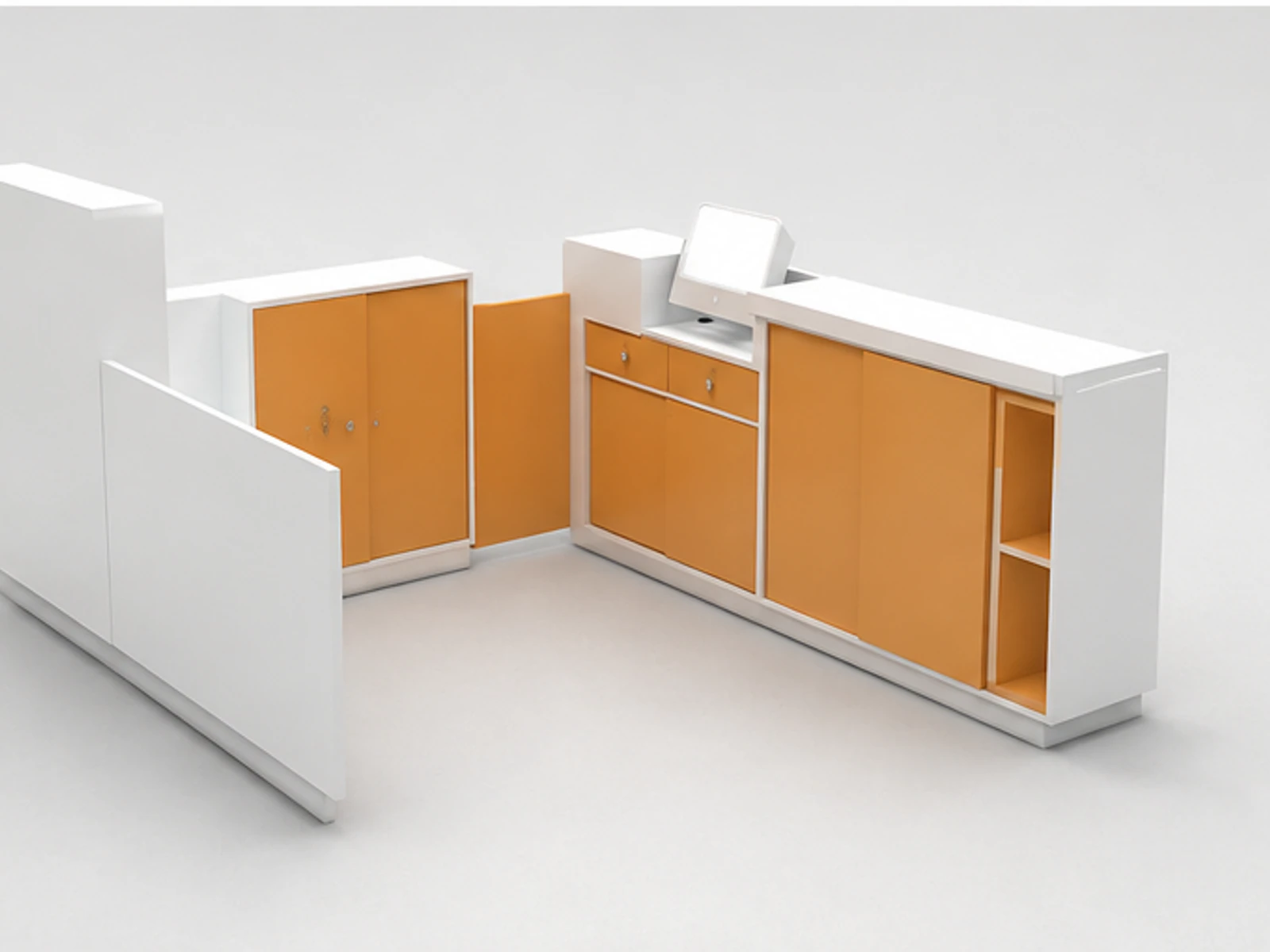 Clothing Kiosk & T-shirt Display Stand for Hat Display Showcase in Retail Store for Sale staff storage and checkout detail