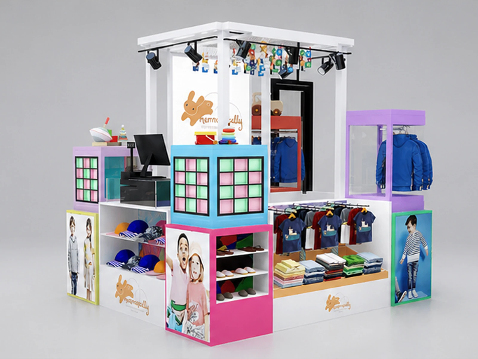 Colorful Kids Item Kiosk Retail Clothing Hat Kids Booth Custom Attractive Kiosk main mall-facing view