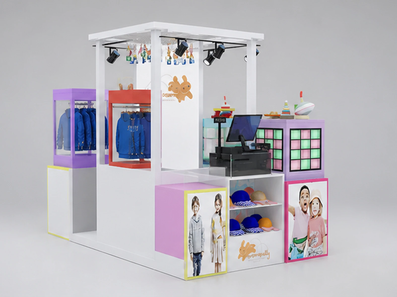 Colorful Kids Item Kiosk Retail Clothing Hat Kids Booth Custom Attractive Kiosk angled clothing display view