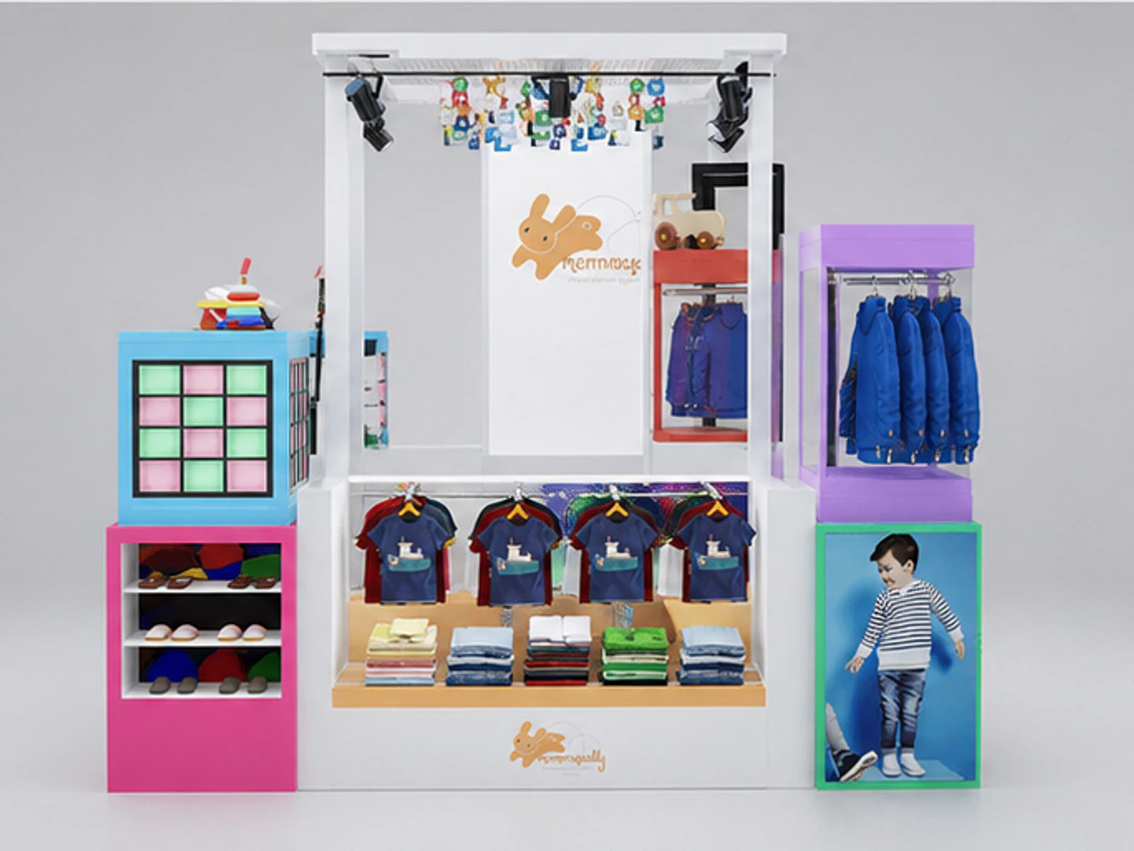 Colorful Kids Item Kiosk Retail Clothing Hat Kids Booth Custom Attractive Kiosk garment rails and shelving view
