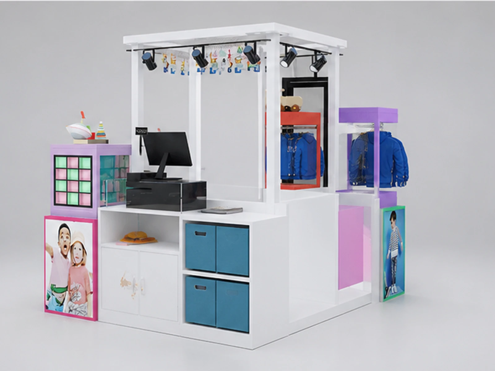Colorful Kids Item Kiosk Retail Clothing Hat Kids Booth Custom Attractive Kiosk staff storage and checkout detail