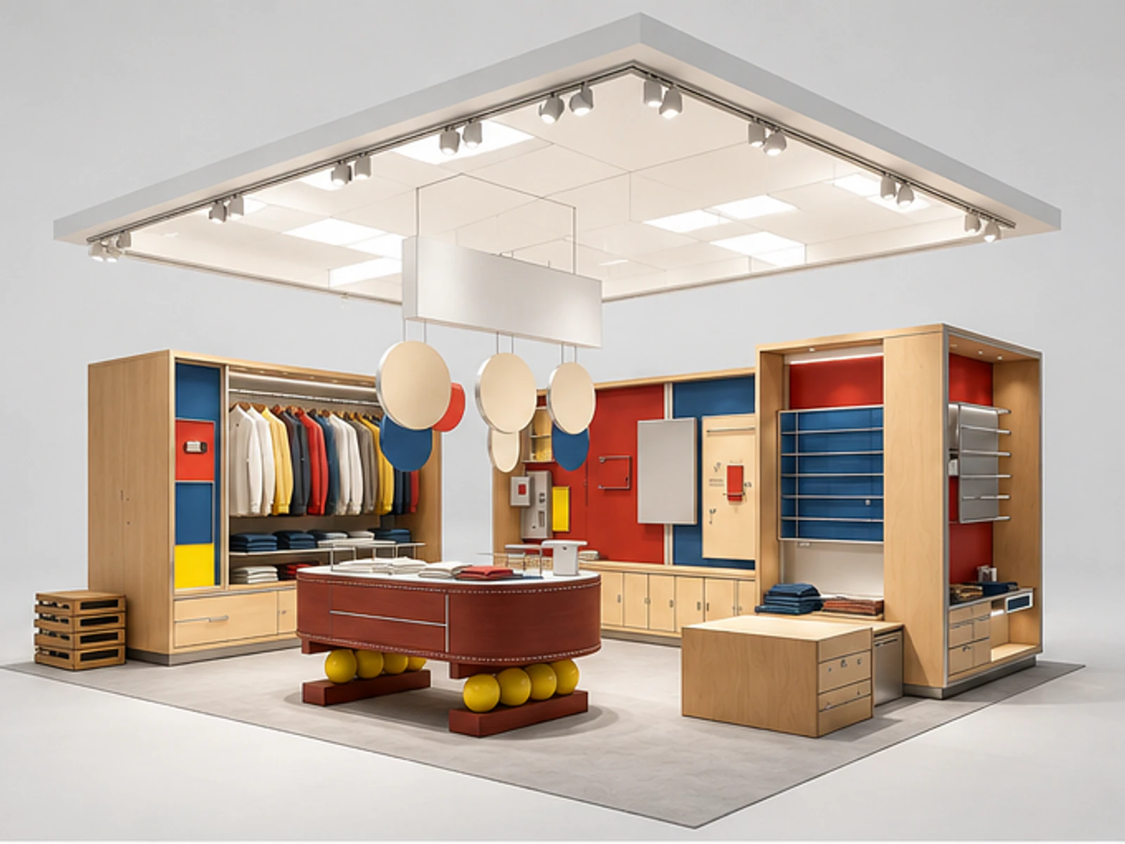 Custom Modular Shopping Mall Kiosk | Colour Block Atrium Retail Kiosk for Shopping Centres angled clothing display view