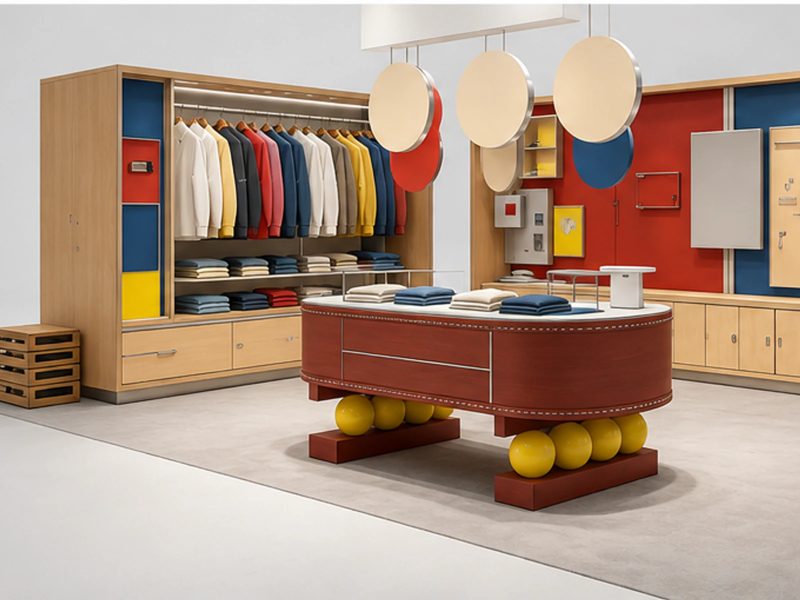 Custom Modular Shopping Mall Kiosk | Colour Block Atrium Retail Kiosk for Shopping Centres garment rails and shelving view