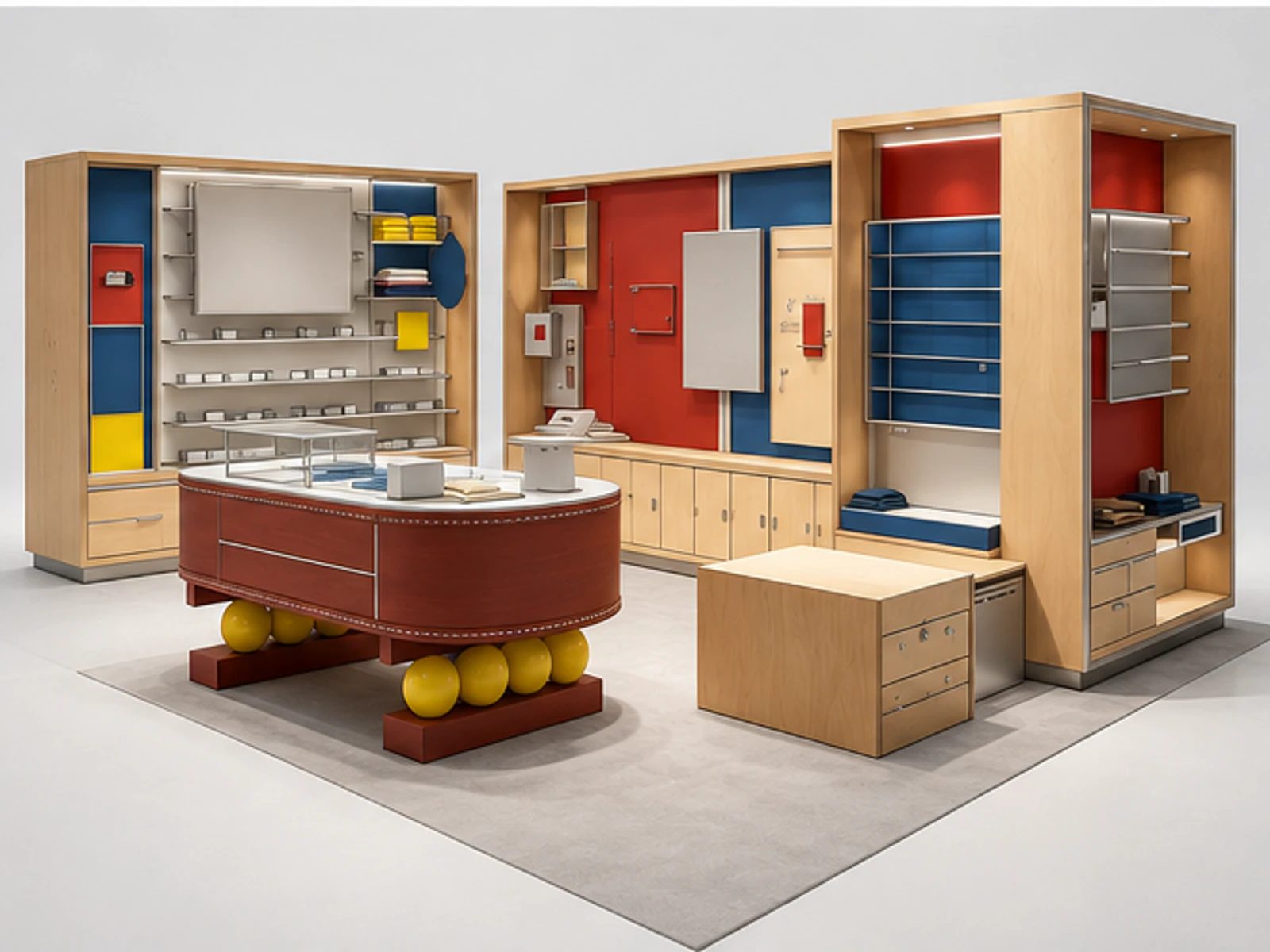 Custom Modular Shopping Mall Kiosk | Colour Block Atrium Retail Kiosk for Shopping Centres staff storage and checkout detail