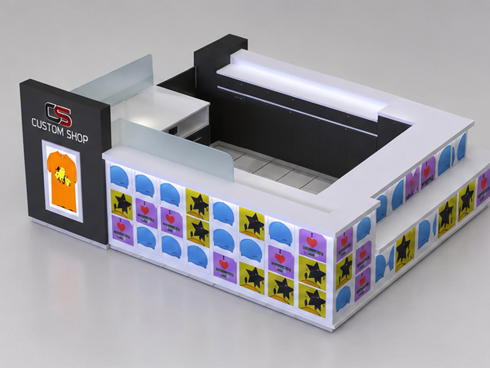 Custom T-shirt Kiosk & Attractive Clothing Display Stand in Retail Store for Sale main mall-facing view