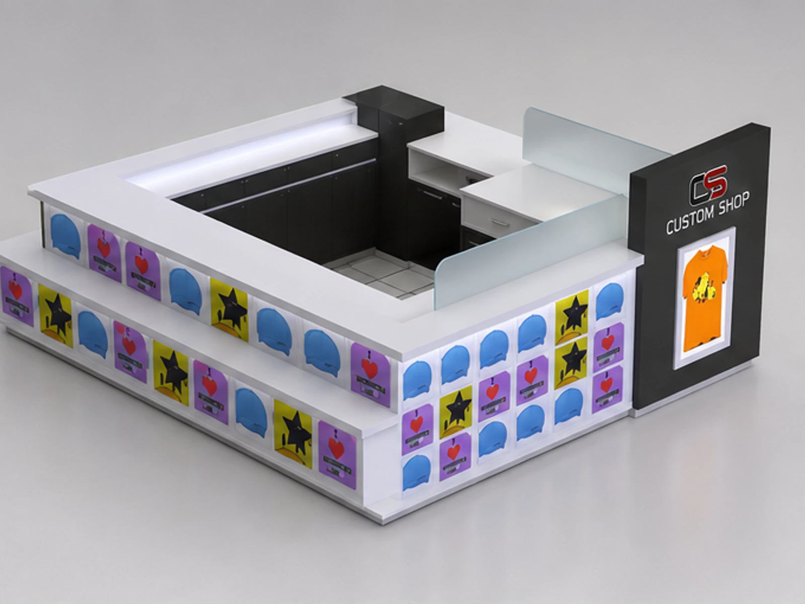 Custom T-shirt Kiosk & Attractive Clothing Display Stand in Retail Store for Sale angled clothing display view