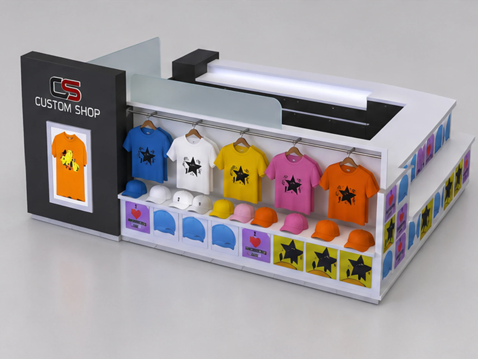Custom T-shirt Kiosk & Attractive Clothing Display Stand in Retail Store for Sale garment rails and shelving view