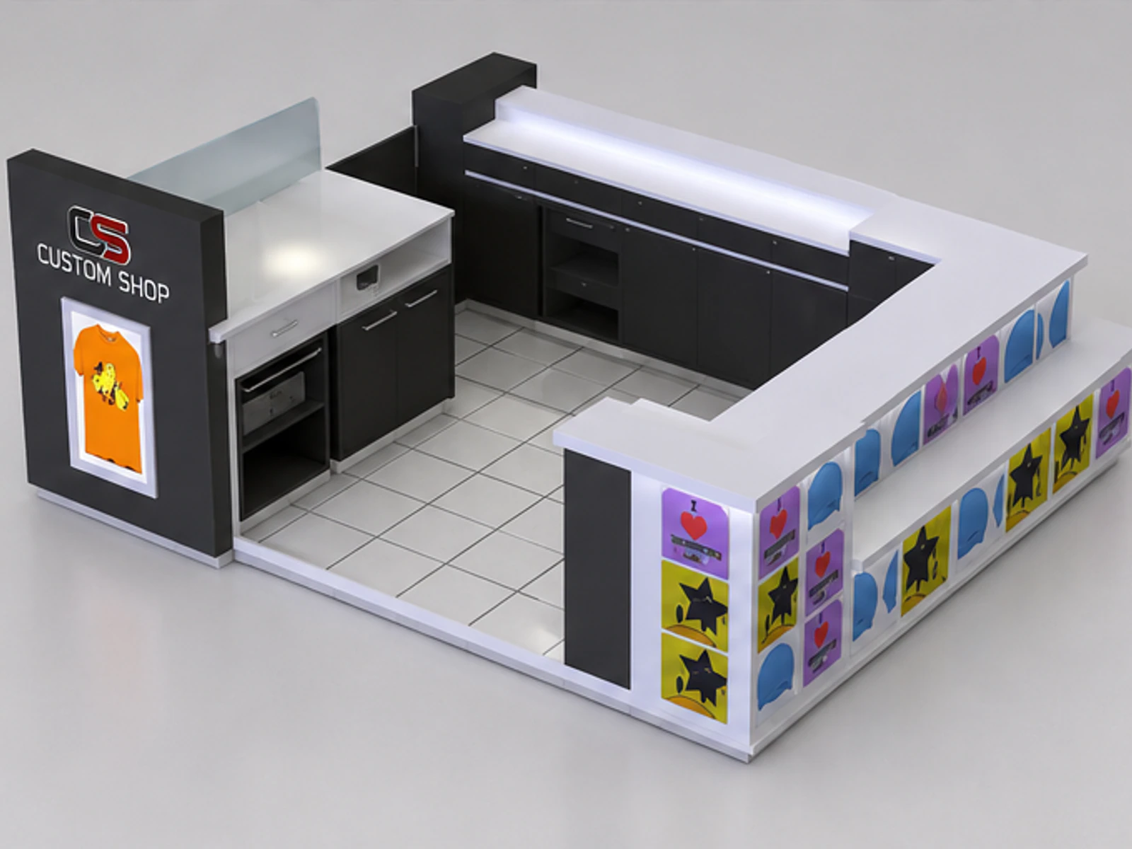 Custom T-shirt Kiosk & Attractive Clothing Display Stand in Retail Store for Sale staff storage and checkout detail