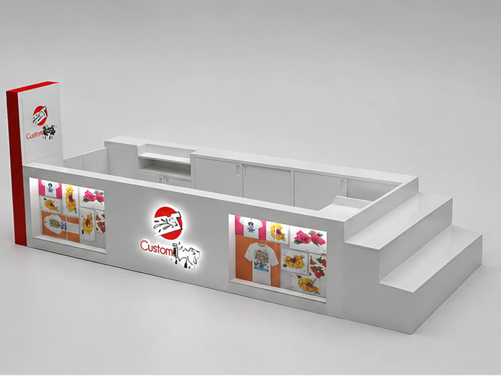 Customize T-shirt display showcase | garment customization kiosk main mall-facing view