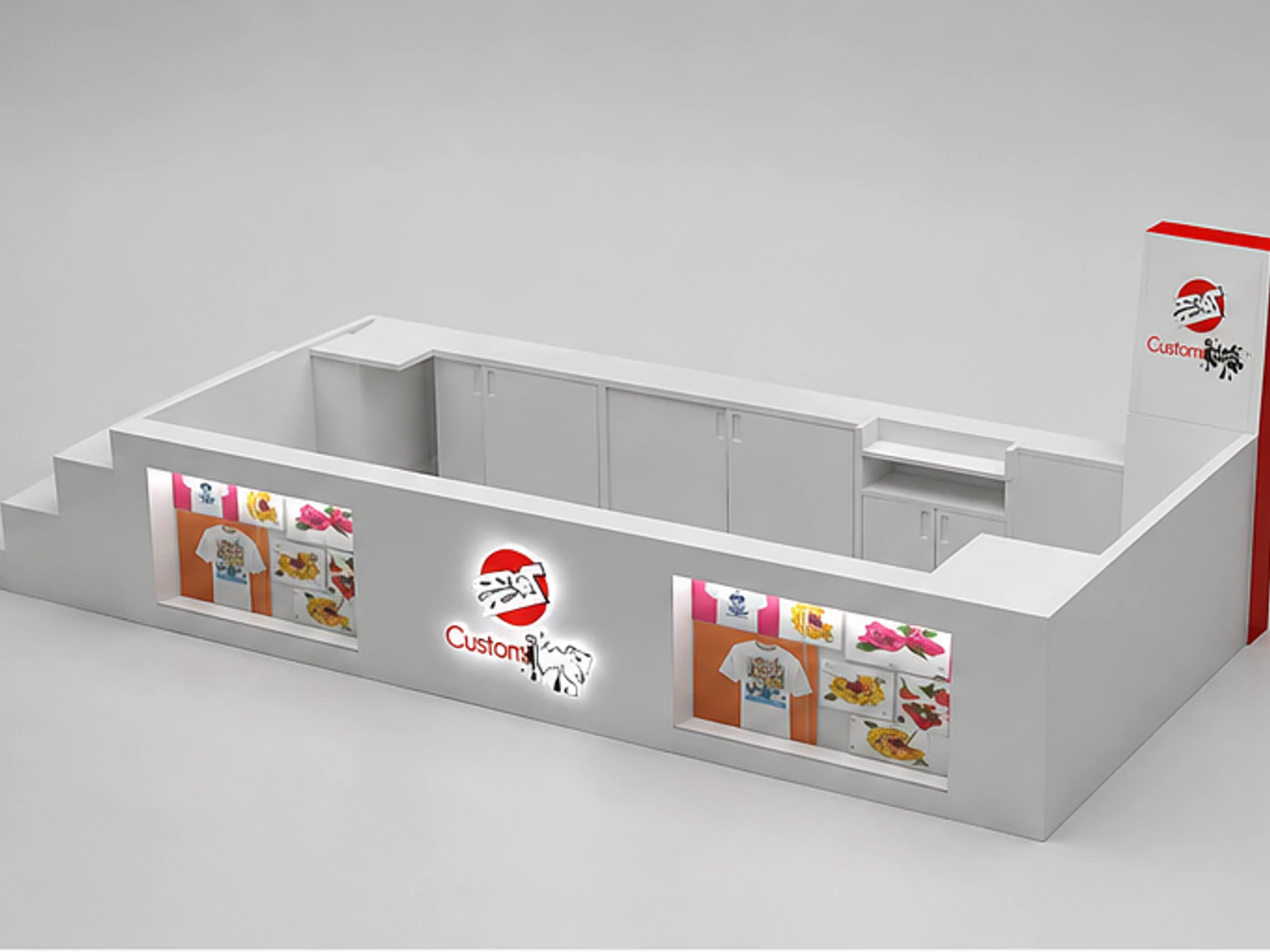 Customize T-shirt display showcase | garment customization kiosk angled clothing display view