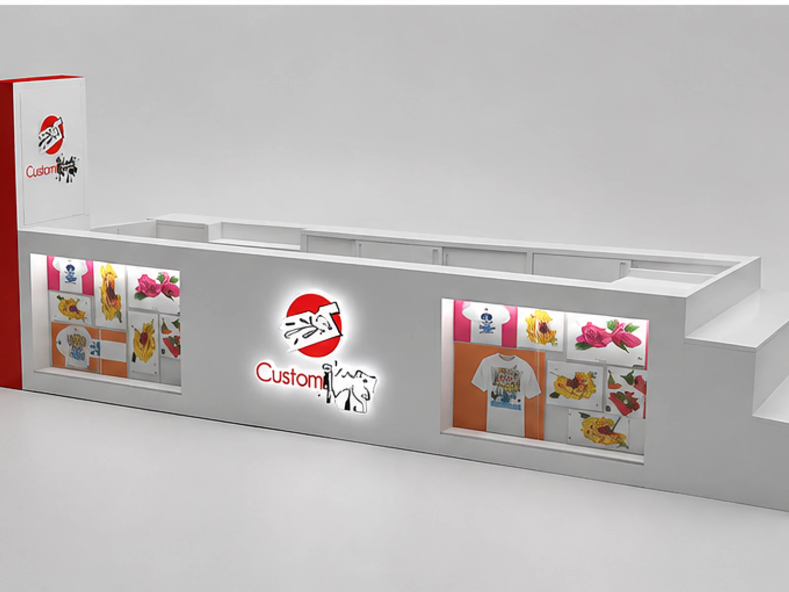 Customize T-shirt display showcase | garment customization kiosk garment rails and shelving view