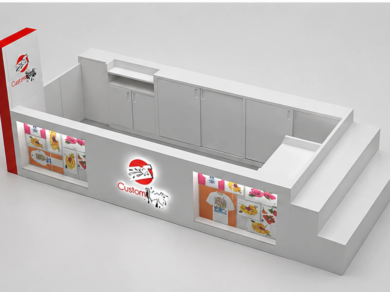 Customize T-shirt display showcase | garment customization kiosk staff storage and checkout detail