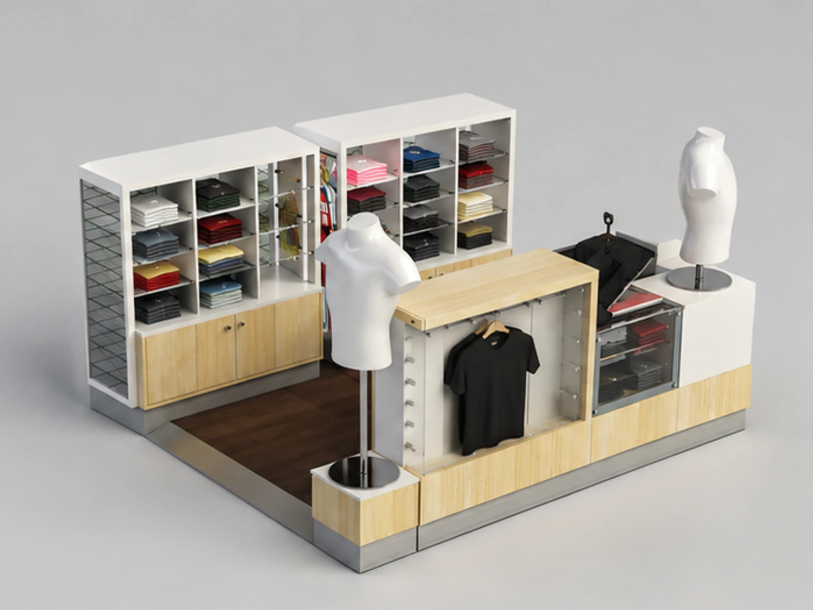 Customized T-shirt Kiosk & Clothing Display Counter for T-shirt Booth in Retail Store main mall-facing view