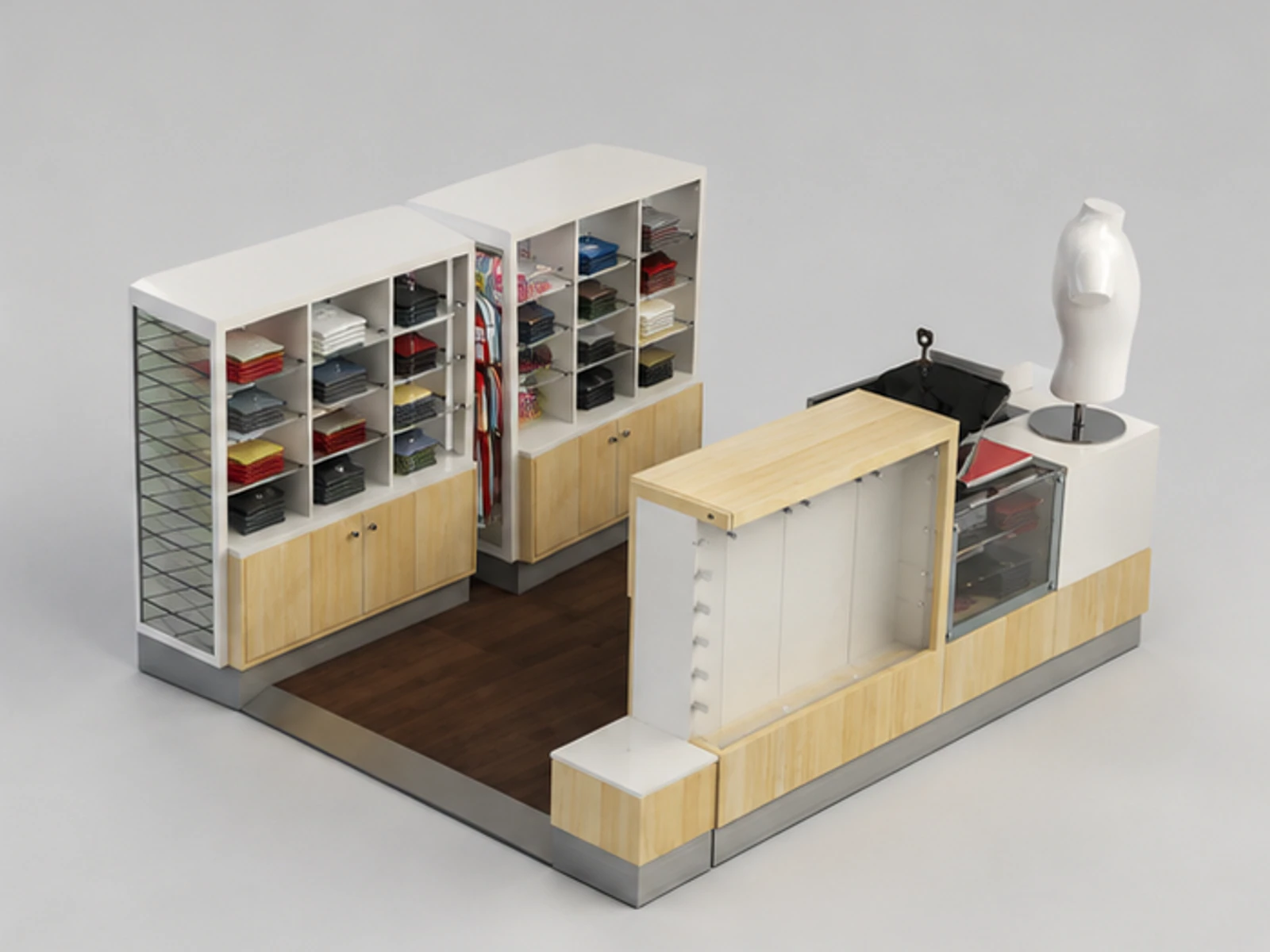 Customized T-shirt Kiosk & Clothing Display Counter for T-shirt Booth in Retail Store angled clothing display view