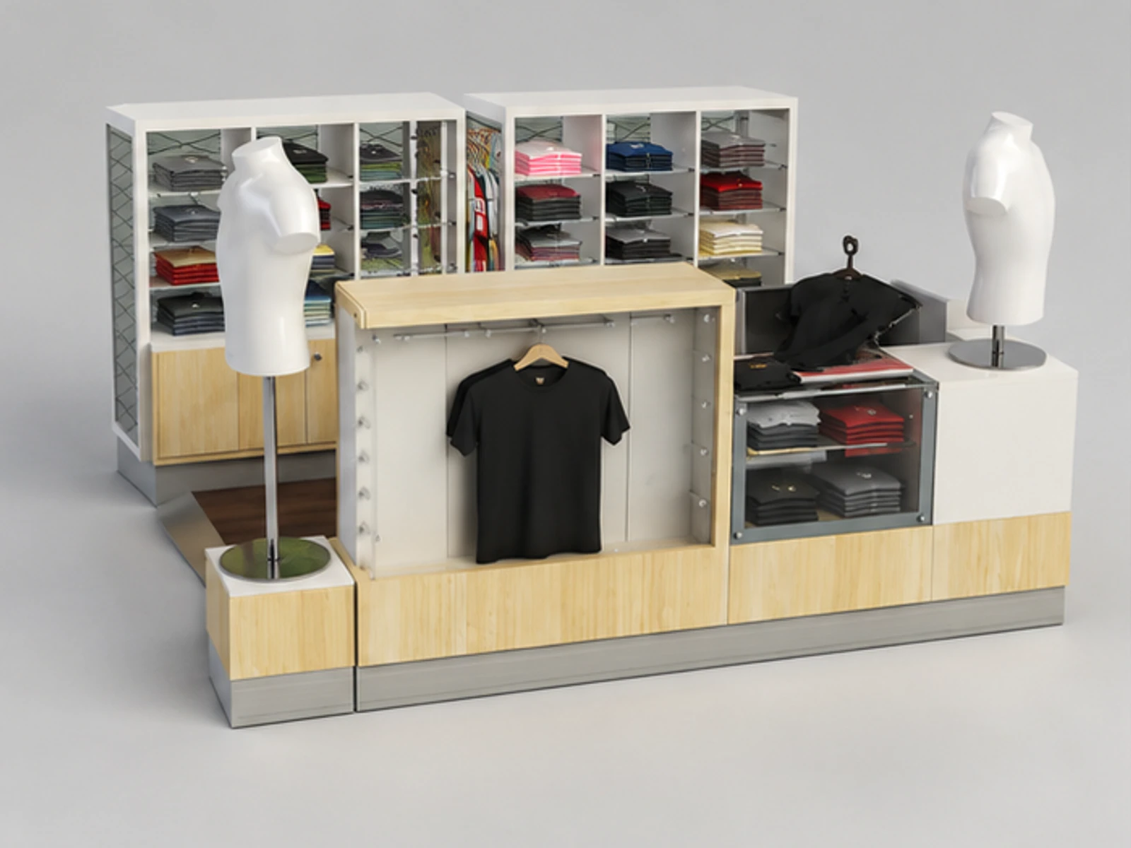Customized T-shirt Kiosk & Clothing Display Counter for T-shirt Booth in Retail Store garment rails and shelving view