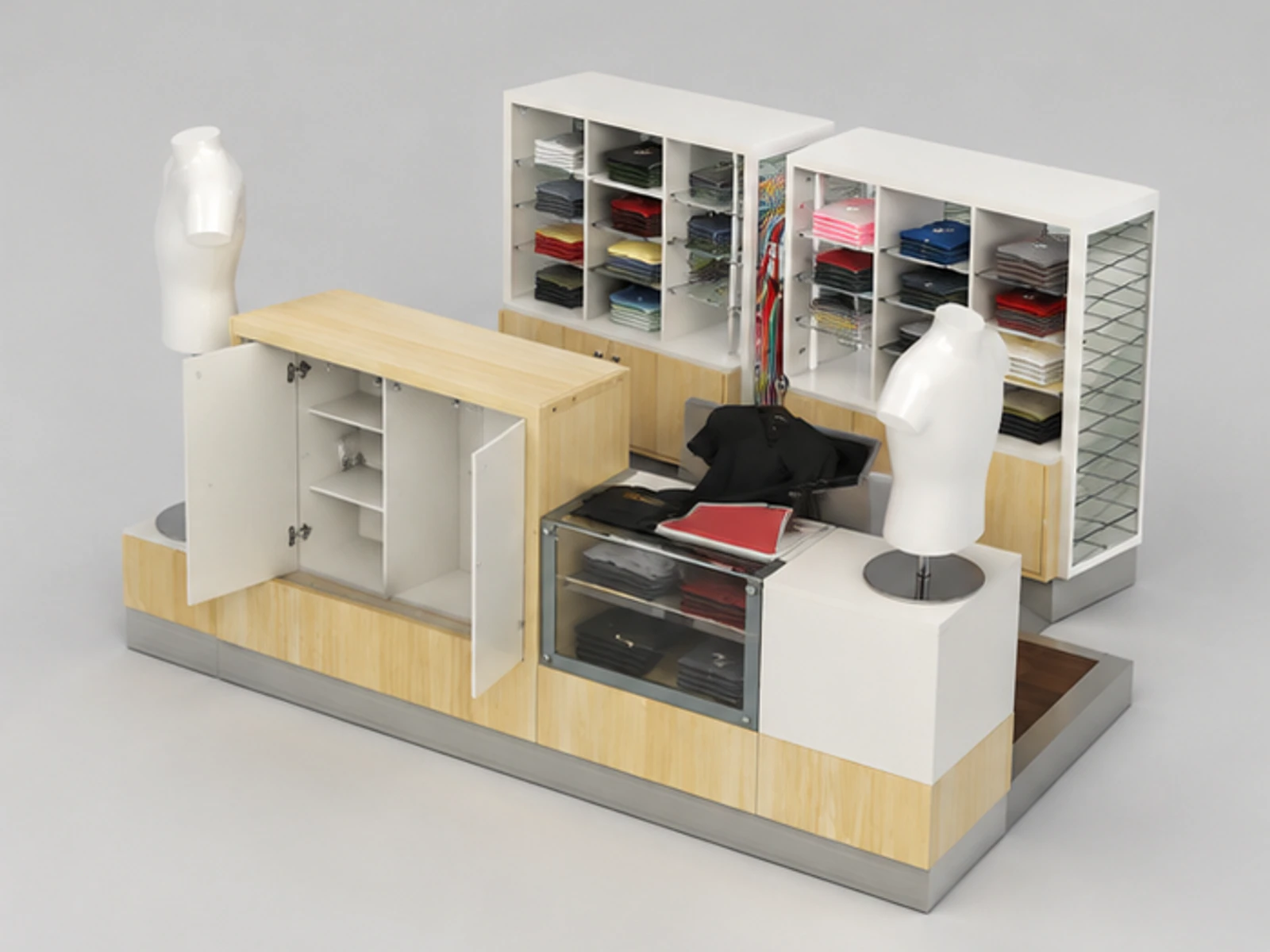 Customized T-shirt Kiosk & Clothing Display Counter for T-shirt Booth in Retail Store staff storage and checkout detail