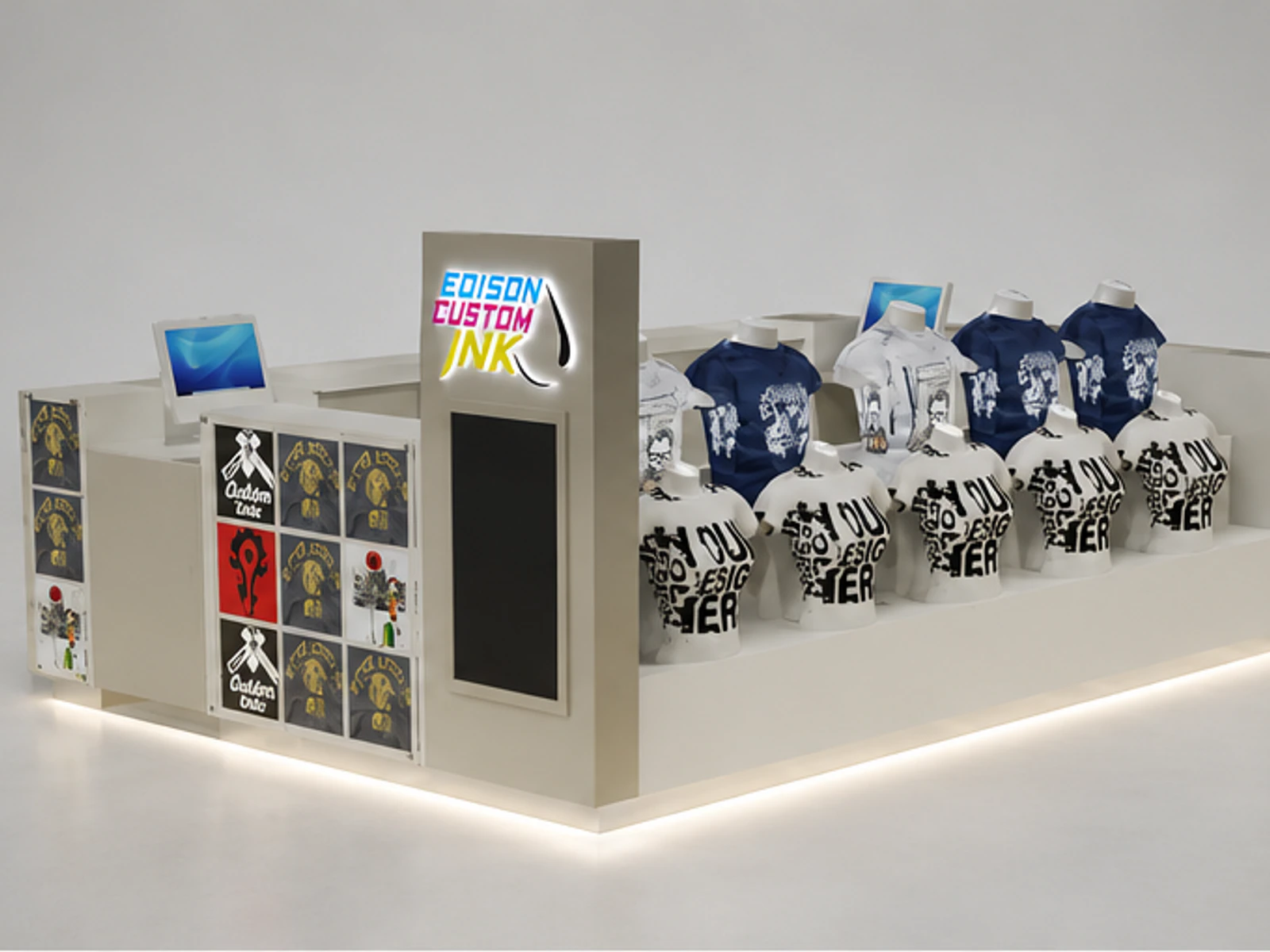 Customized T-shirt Kiosk Retail Clothing Cabinet | Retail Wooden Showcase to Miami main mall-facing view