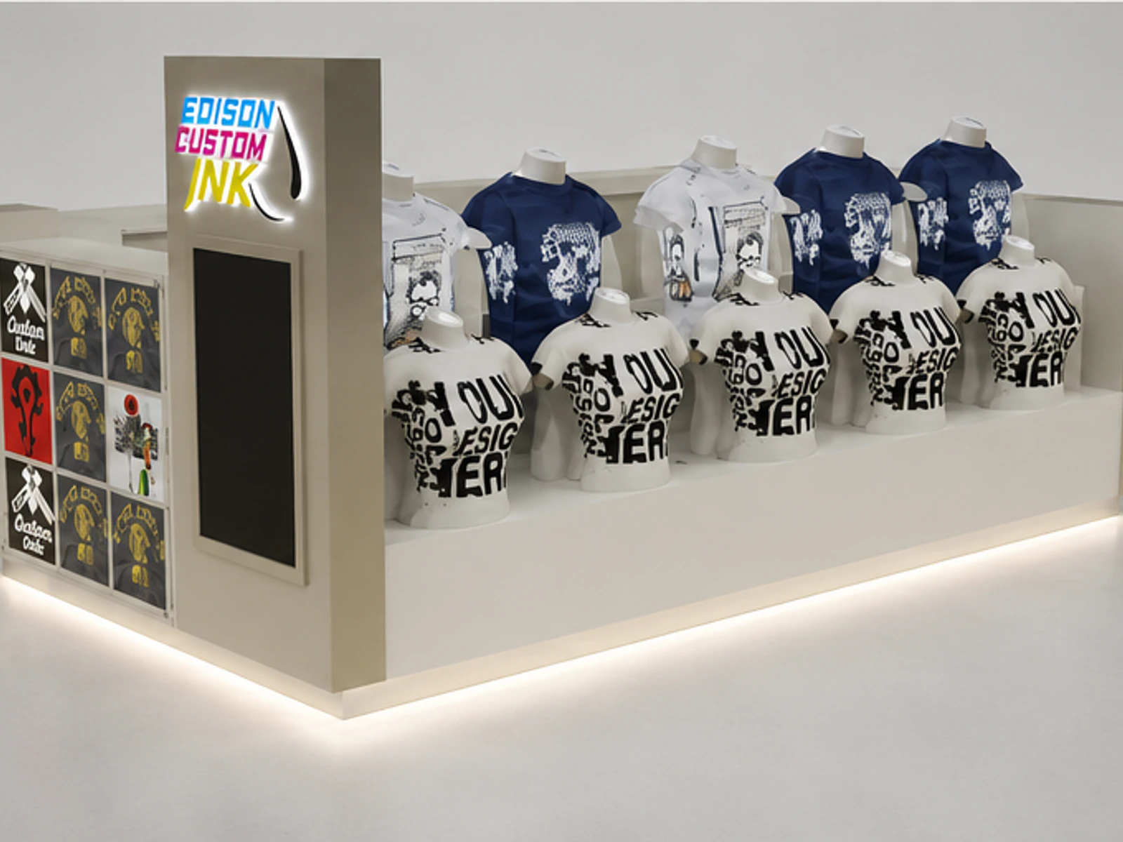 Customized T-shirt Kiosk Retail Clothing Cabinet | Retail Wooden Showcase to Miami garment rails and shelving view