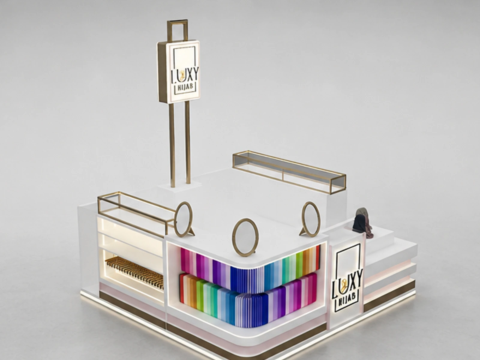 Elegant Scarf Kiosk Design Retail Scarf Showcase Custom Scarf Counter main mall-facing view