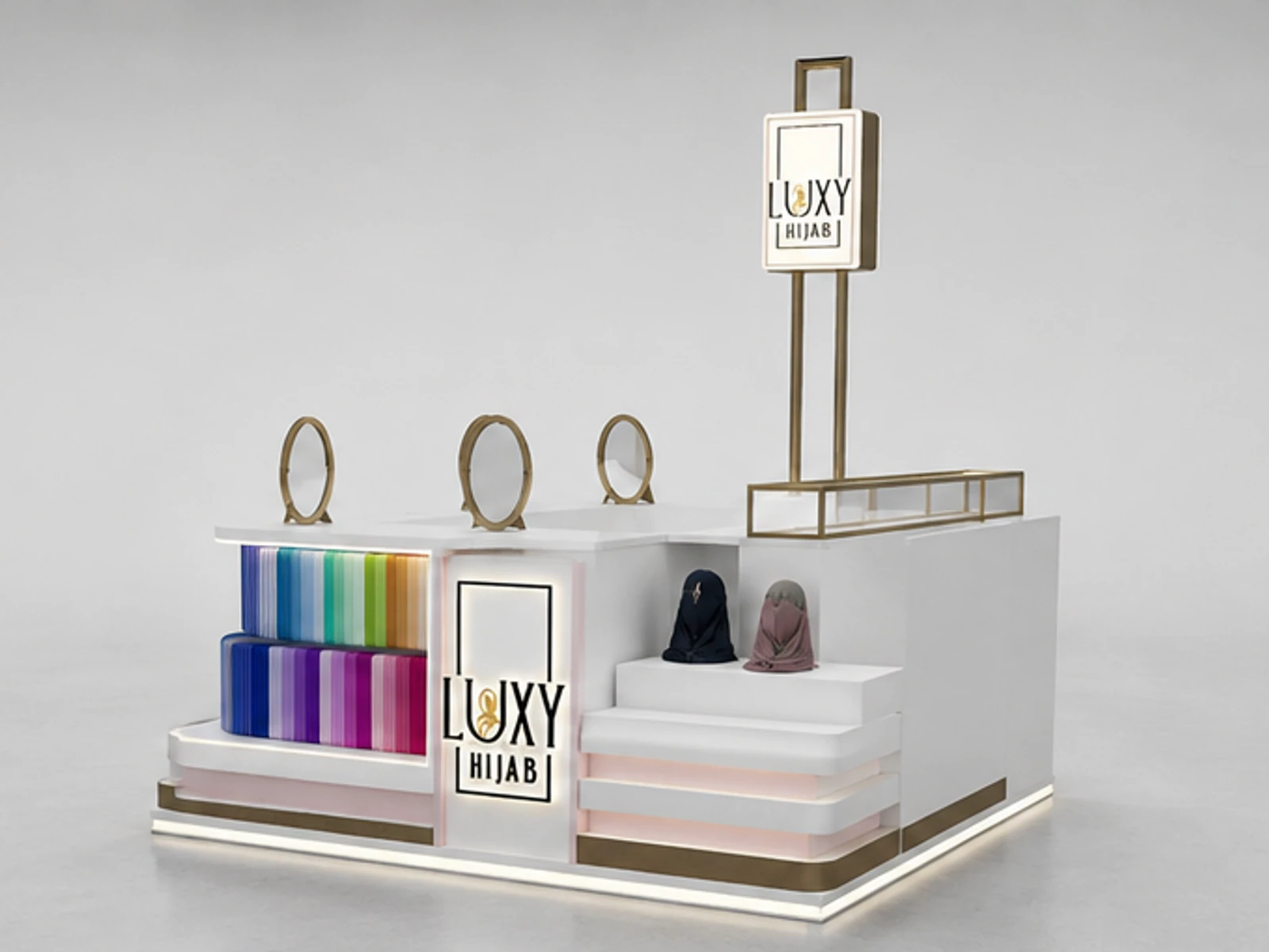 Elegant Scarf Kiosk Design Retail Scarf Showcase Custom Scarf Counter angled clothing display view