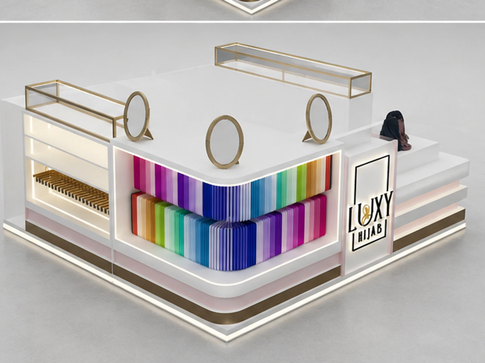 Elegant Scarf Kiosk Design Retail Scarf Showcase Custom Scarf Counter garment rails and shelving view