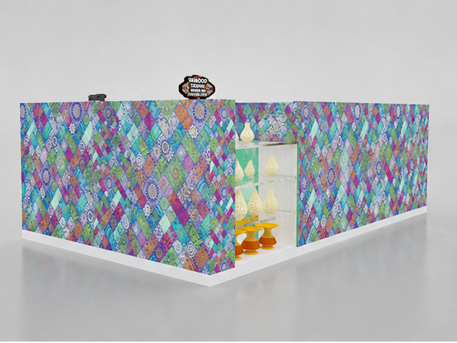 Exotic Textiles Shawl Kiosk Design Fabric Display Showcase Mall Center angled clothing display view