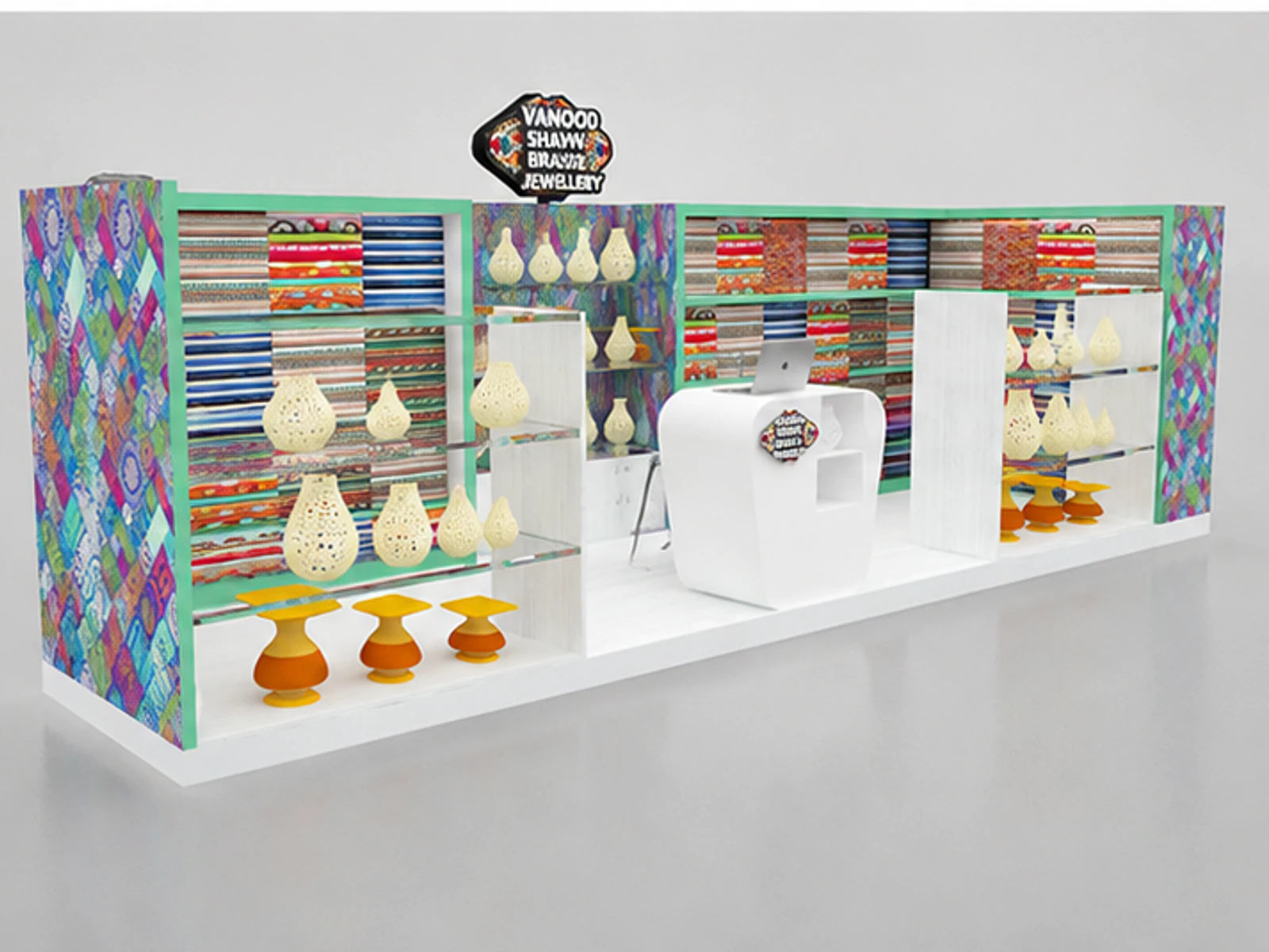 Exotic Textiles Shawl Kiosk Design Fabric Display Showcase Mall Center garment rails and shelving view