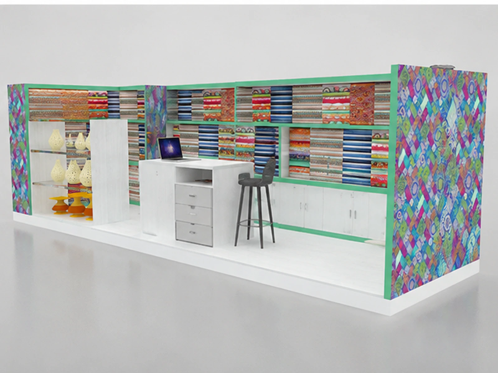 Exotic Textiles Shawl Kiosk Design Fabric Display Showcase Mall Center staff storage and checkout detail