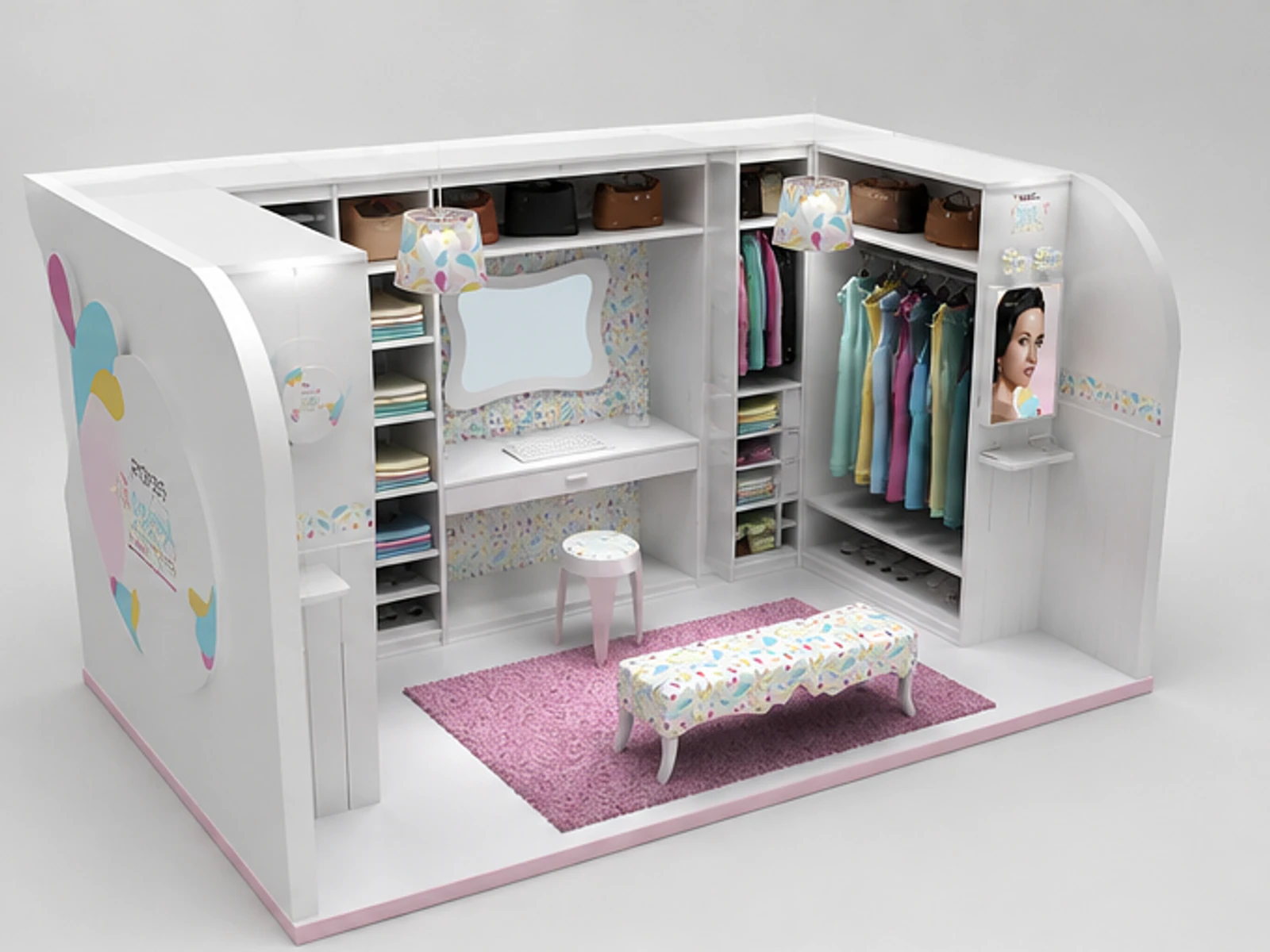 Fantasy Themed Clothing Kiosk Design Unique Handbag Booth for Mall on Sale angled clothing display view