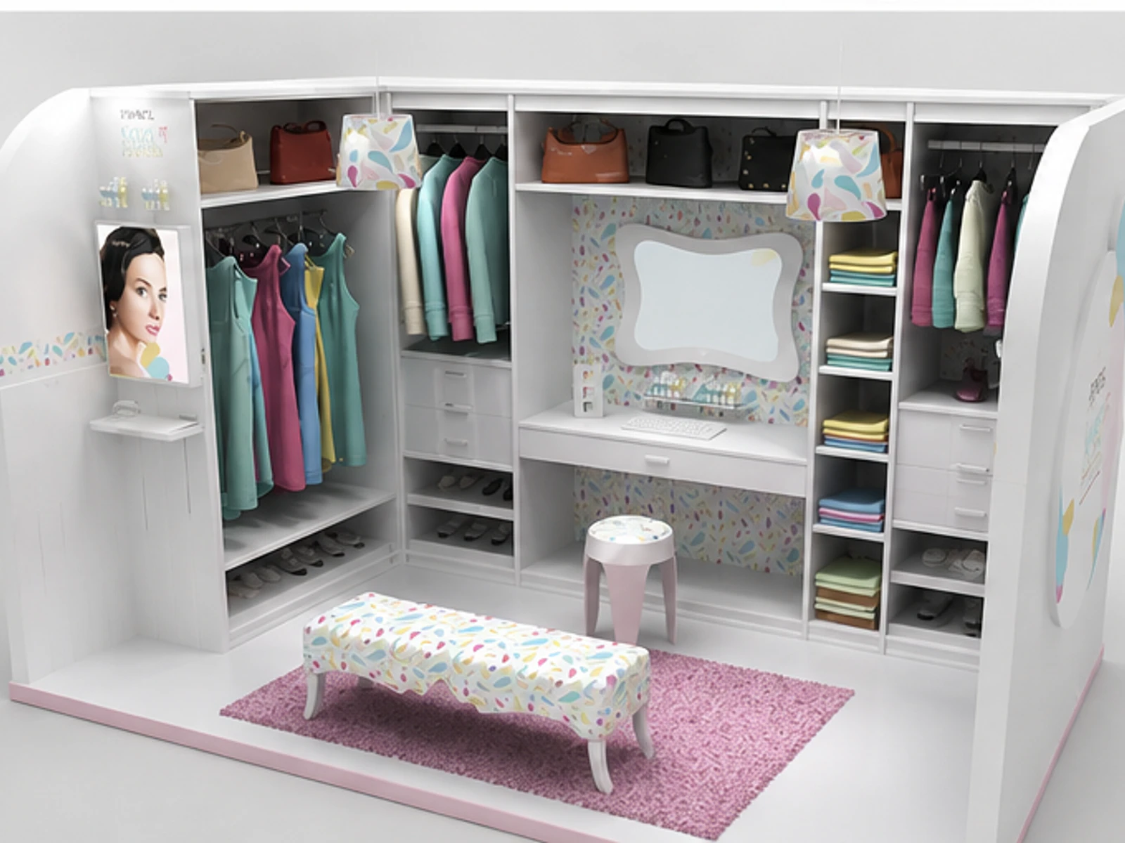 Fantasy Themed Clothing Kiosk Design Unique Handbag Booth for Mall on Sale garment rails and shelving view