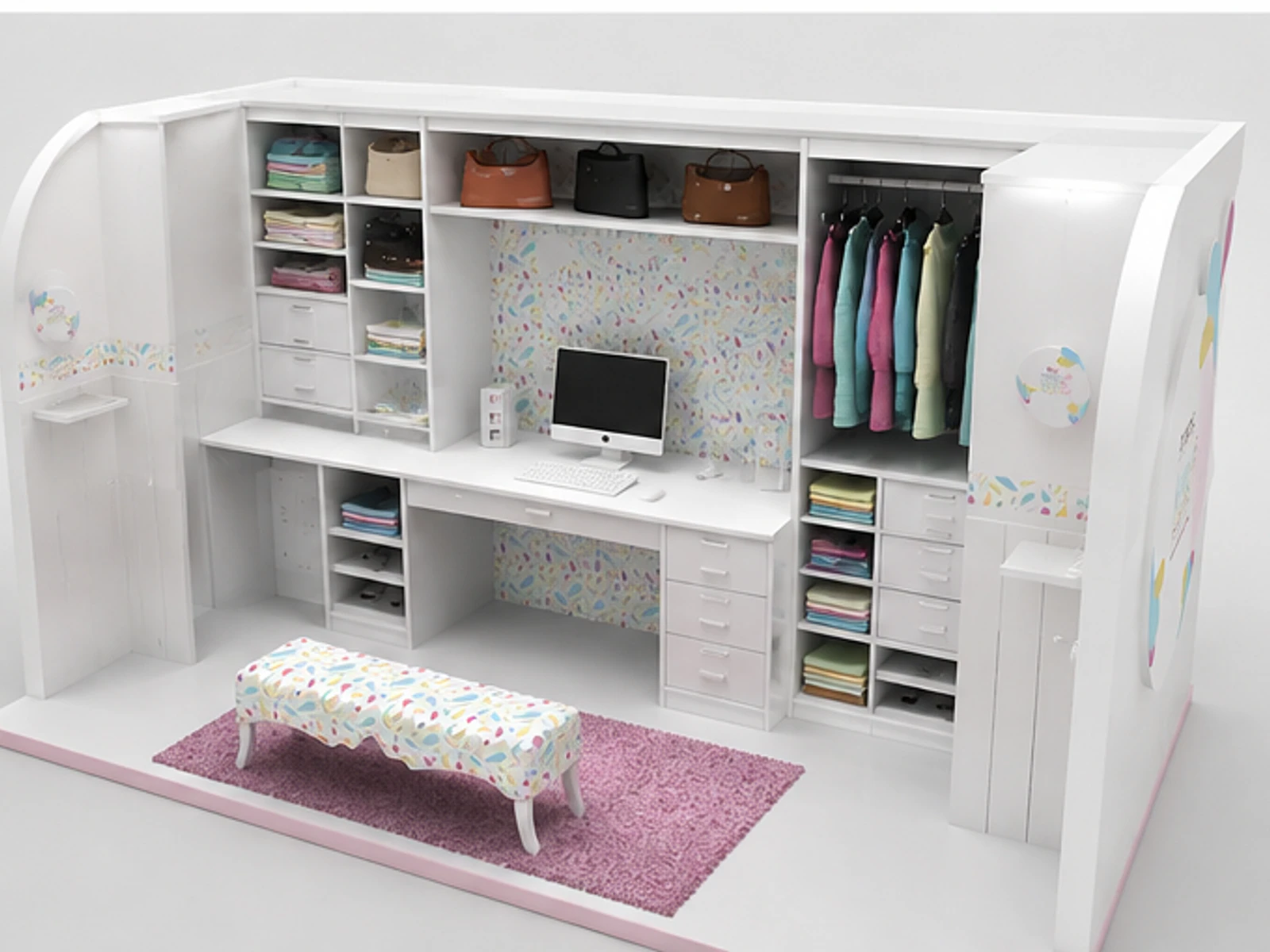 Fantasy Themed Clothing Kiosk Design Unique Handbag Booth for Mall on Sale staff storage and checkout detail