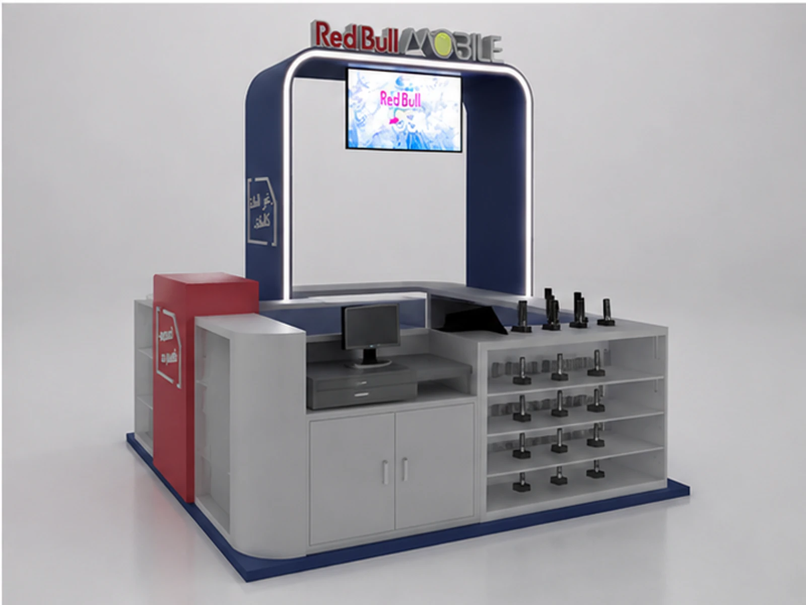 Fashion Retail Hat Display Booth Grocery Cap Clothing Custom Kiosk staff storage and checkout detail