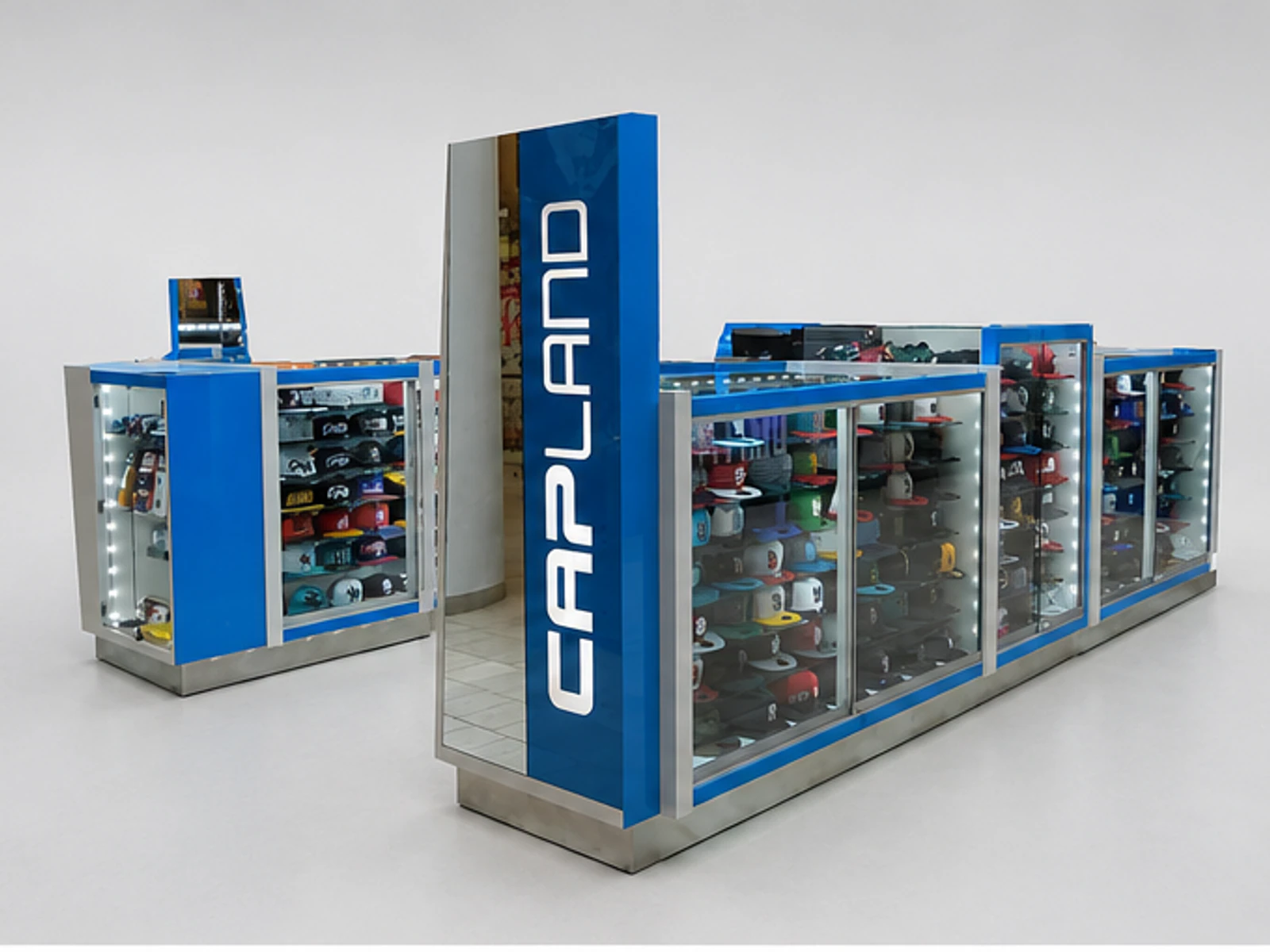 Functional caps display cabinet hats display booth with factory price used in USA mall main mall-facing view
