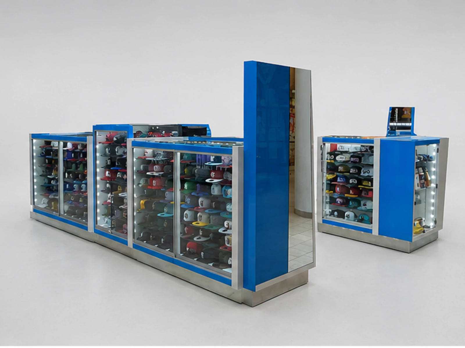 Functional caps display cabinet hats display booth with factory price used in USA mall angled clothing display view