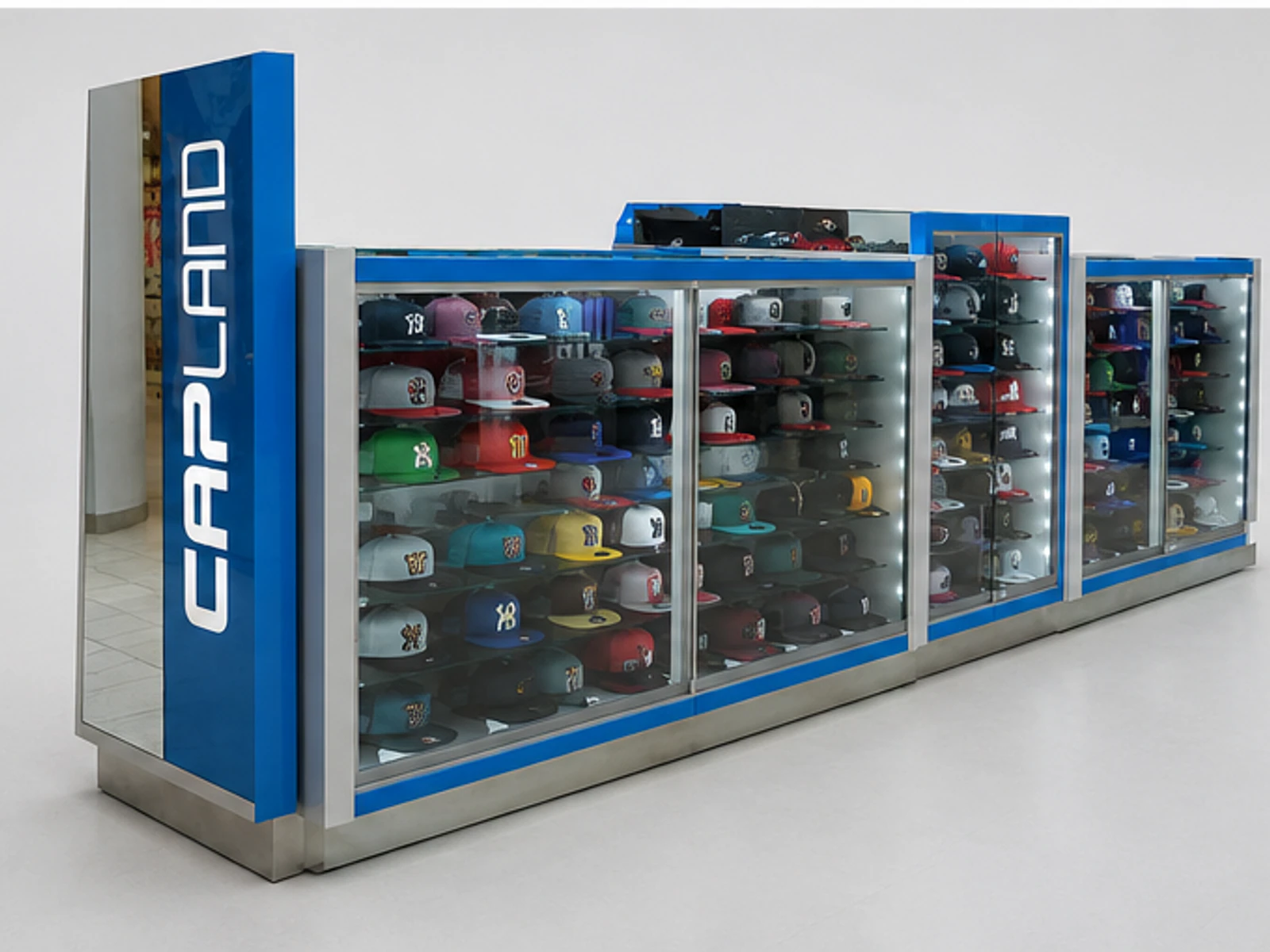 Functional caps display cabinet hats display booth with factory price used in USA mall garment rails and shelving view