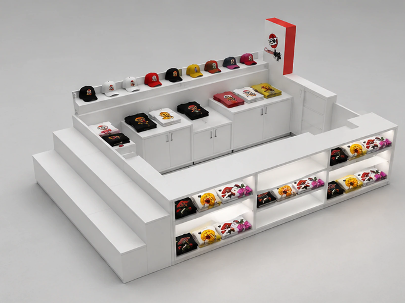 Functional new finished custom T-shirt kiosk hats display booth used in USA mall main mall-facing view