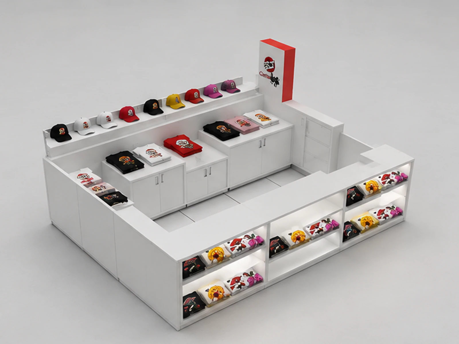 Functional new finished custom T-shirt kiosk hats display booth used in USA mall angled clothing display view