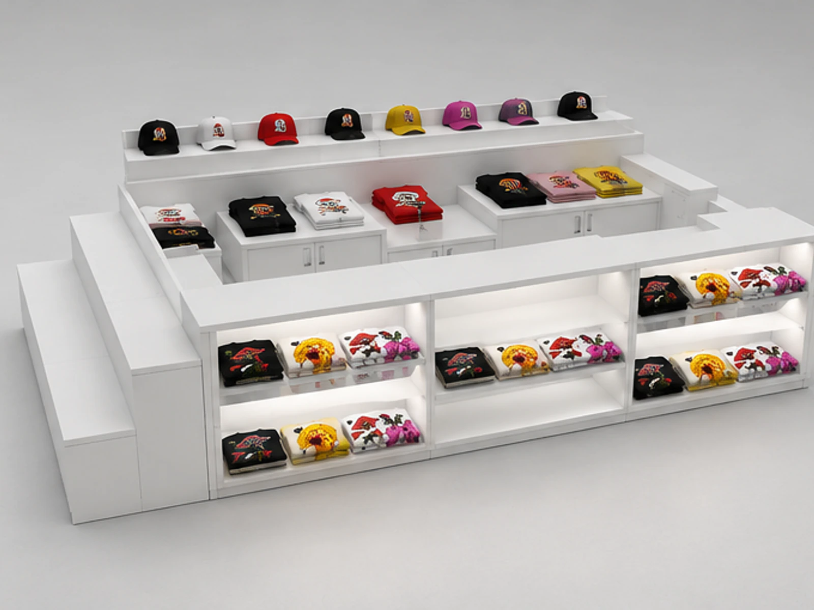 Functional new finished custom T-shirt kiosk hats display booth used in USA mall garment rails and shelving view