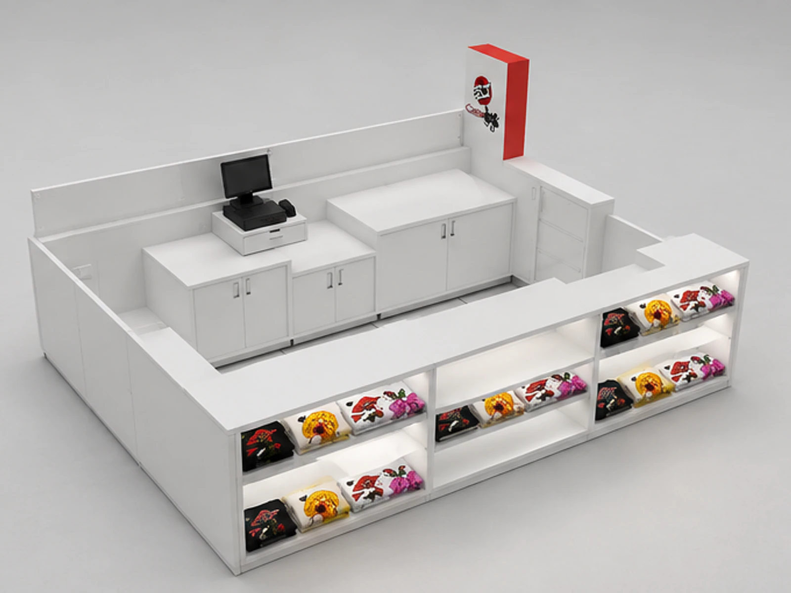 Functional new finished custom T-shirt kiosk hats display booth used in USA mall staff storage and checkout detail