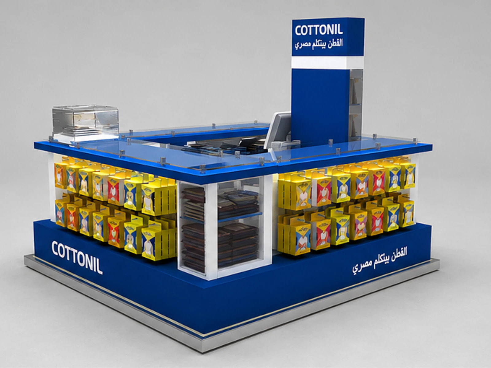 Functional underwear display kiosk clothes display booth used in mall for sale angled clothing display view