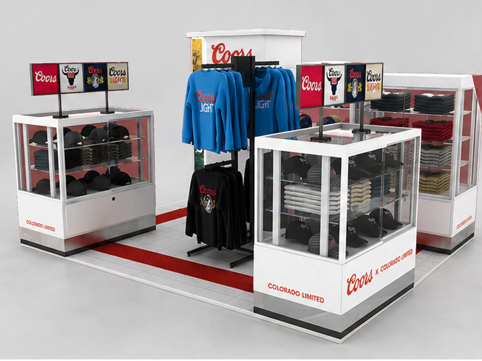 Hat Clothing Retail Kiosk Clothes Display Showcase Design Sport Cloth Counter main mall-facing view