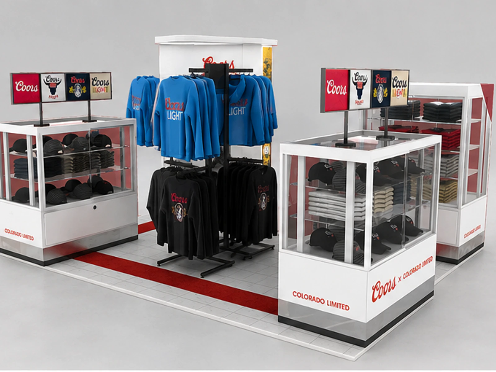 Hat Clothing Retail Kiosk Clothes Display Showcase Design Sport Cloth Counter angled clothing display view