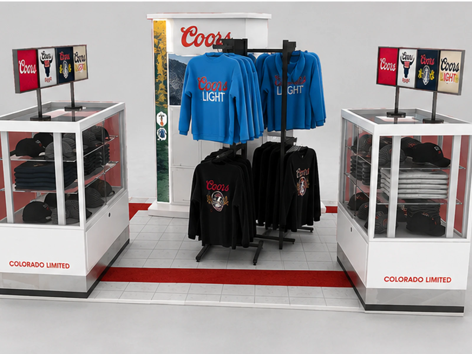 Hat Clothing Retail Kiosk Clothes Display Showcase Design Sport Cloth Counter garment rails and shelving view